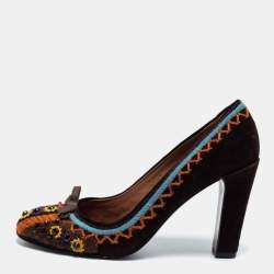 Pre Owned Miu Miu Dark Brown Suede Embroidered Round Toe Pumps Size 37.5