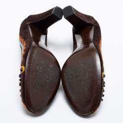 Pre Owned Miu Miu Dark Brown Suede Embroidered Round Toe Pumps Size 37.5