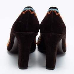 Pre Owned Miu Miu Dark Brown Suede Embroidered Round Toe Pumps Size 37.5