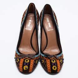 Pre Owned Miu Miu Dark Brown Suede Embroidered Round Toe Pumps Size 37.5