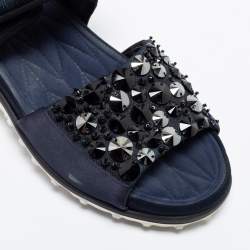 Miu Miu Navy Blue Satin And Fabric Crystal Embellished Ankle Strap Sandals Size 37.5