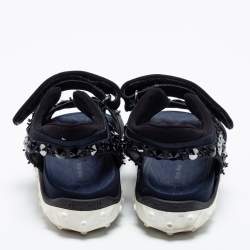 Miu Miu Navy Blue Satin And Fabric Crystal Embellished Ankle Strap Sandals Size 37.5