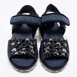 Miu Miu Navy Blue Satin And Fabric Crystal Embellished Ankle Strap Sandals Size 37.5