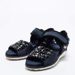 Miu Miu Navy Blue Satin And Fabric Crystal Embellished Ankle Strap Sandals Size 37.5