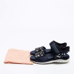 Miu Miu Navy Blue Satin And Fabric Crystal Embellished Ankle Strap Sandals Size 37.5