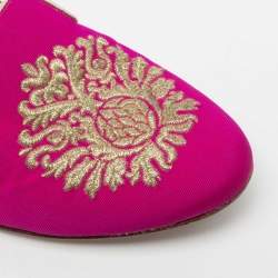 مملوكة مسبقًا Miu Miu Pink Canvas Crest Crystal Embellished Smoking Slippers Size 38