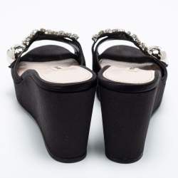 Miu Miu Black Satin Crystal Embellished Wedge Platform Open Toe Sandals Size 40