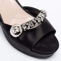 Miu Miu Black Satin Crystal Embellished Wedge Platform Open Toe Sandals Size 40