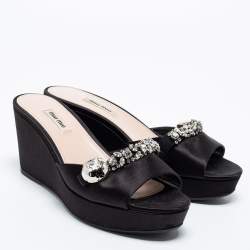 Miu Miu Black Satin Crystal Embellished Wedge Platform Open Toe Sandals Size 40