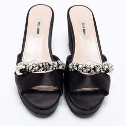 Miu Miu Black Satin Crystal Embellished Wedge Platform Open Toe Sandals Size 40