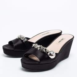 Miu Miu Black Satin Crystal Embellished Wedge Platform Open Toe Sandals Size 40