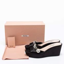 Miu Miu Black Satin Crystal Embellished Wedge Platform Open Toe Sandals Size 40