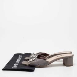 Pre Owned Miu Miu Grey Satin and Canvas Knot Crystal Embellished Slide Sandals Size 39.5