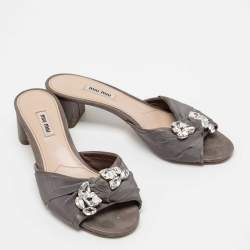 Pre Owned Miu Miu Grey Satin and Canvas Knot Crystal Embellished Slide Sandals Size 39.5