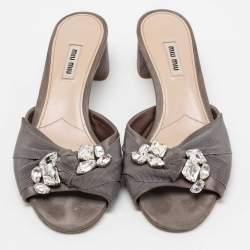 Pre Owned Miu Miu Grey Satin and Canvas Knot Crystal Embellished Slide Sandals Size 39.5