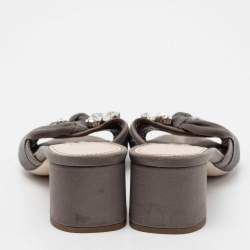 Pre Owned Miu Miu Grey Satin and Canvas Knot Crystal Embellished Slide Sandals Size 39.5