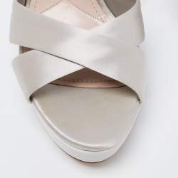 Miu Miu Grey Satin Crystal Embellished Block Heel Ankle Strap Platform Sandals Size 39