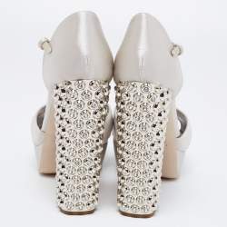 Miu Miu Grey Satin Crystal Embellished Block Heel Ankle Strap Platform Sandals Size 39