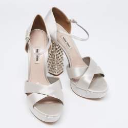 Miu Miu Grey Satin Crystal Embellished Block Heel Ankle Strap Platform Sandals Size 39