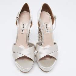 Miu Miu Grey Satin Crystal Embellished Block Heel Ankle Strap Platform Sandals Size 39