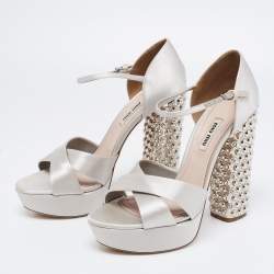 Miu Miu Grey Satin Crystal Embellished Block Heel Ankle Strap Platform Sandals Size 39
