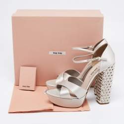 Miu Miu Grey Satin Crystal Embellished Block Heel Ankle Strap Platform Sandals Size 39