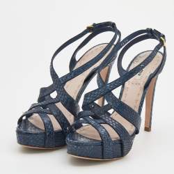 Pre Owned Miu Miu Navy Blue Python Embossed Leather Strappy Platform Sandals Size 38.5