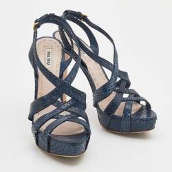 Pre Owned Miu Miu Navy Blue Python Embossed Leather Strappy Platform Sandals Size 38.5