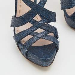Pre Owned Miu Miu Navy Blue Python Embossed Leather Strappy Platform Sandals Size 38.5