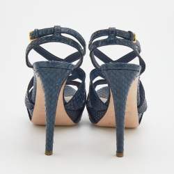 Pre Owned Miu Miu Navy Blue Python Embossed Leather Strappy Platform Sandals Size 38.5