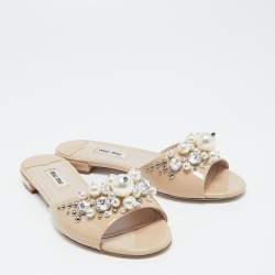 Miu Miu Beige Patent Leather Faux Pearl Embellished Flat Slides Size 36