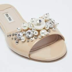 Miu Miu Beige Patent Leather Faux Pearl Embellished Flat Slides Size 36