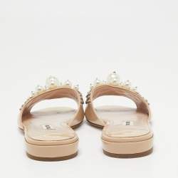 Miu Miu Beige Patent Leather Faux Pearl Embellished Flat Slides Size 36