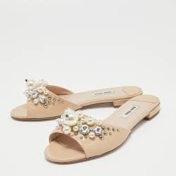 Miu Miu Beige Patent Leather Faux Pearl Embellished Flat Slides Size 36