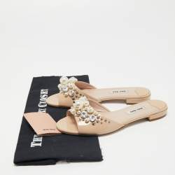 Miu Miu Beige Patent Leather Faux Pearl Embellished Flat Slides Size 36