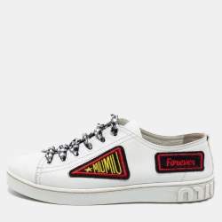 Miu Miu White Leather Vichy Gingham Ribbon Lace-Up Sneakers Size 36.5