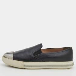 Miu Miu Black Leather Metal Cap Toe Slip On Sneakers Size 38