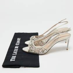 Miu Miu Grey PVC And Satin Crystal Embellished Slingback Sandals Size 38.5