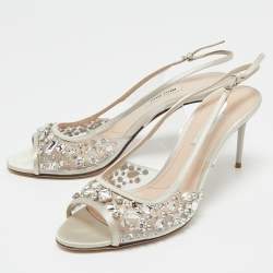 Miu Miu Grey PVC And Satin Crystal Embellished Slingback Sandals Size 38.5