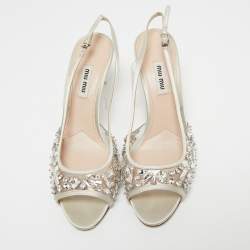 Miu Miu Grey PVC And Satin Crystal Embellished Slingback Sandals Size 38.5