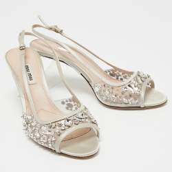 Miu Miu Grey PVC And Satin Crystal Embellished Slingback Sandals Size 38.5