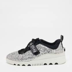 Pre Owned Miu Miu Silver/Black Glitter  Lace Up Sneakers Size 39.5
