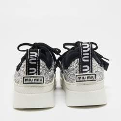 Pre Owned Miu Miu Silver/Black Glitter  Lace Up Sneakers Size 39.5