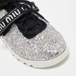 Pre Owned Miu Miu Silver/Black Glitter  Lace Up Sneakers Size 39.5