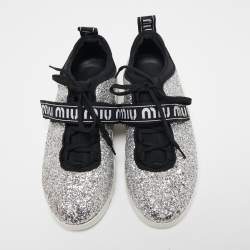 Pre Owned Miu Miu Silver/Black Glitter  Lace Up Sneakers Size 39.5