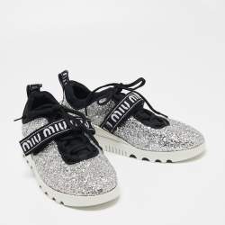 Pre Owned Miu Miu Silver/Black Glitter  Lace Up Sneakers Size 39.5