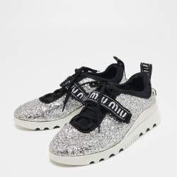 Pre Owned Miu Miu Silver/Black Glitter  Lace Up Sneakers Size 39.5