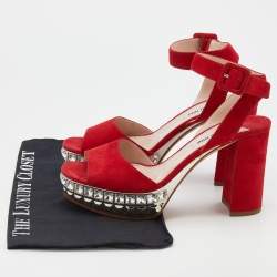 Pre Owned Miu Miu Red Suede Crystal Embellished Platform Ankle-Strap Sandals Size 38.5