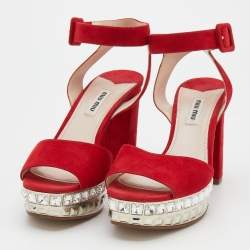 Pre Owned Miu Miu Red Suede Crystal Embellished Platform Ankle-Strap Sandals Size 38.5