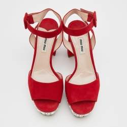 Pre Owned Miu Miu Red Suede Crystal Embellished Platform Ankle-Strap Sandals Size 38.5